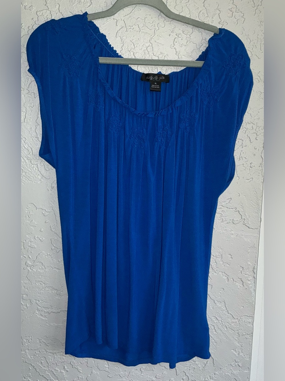 August Silk Blue short sleeve tunic with Flower Embroidery Design